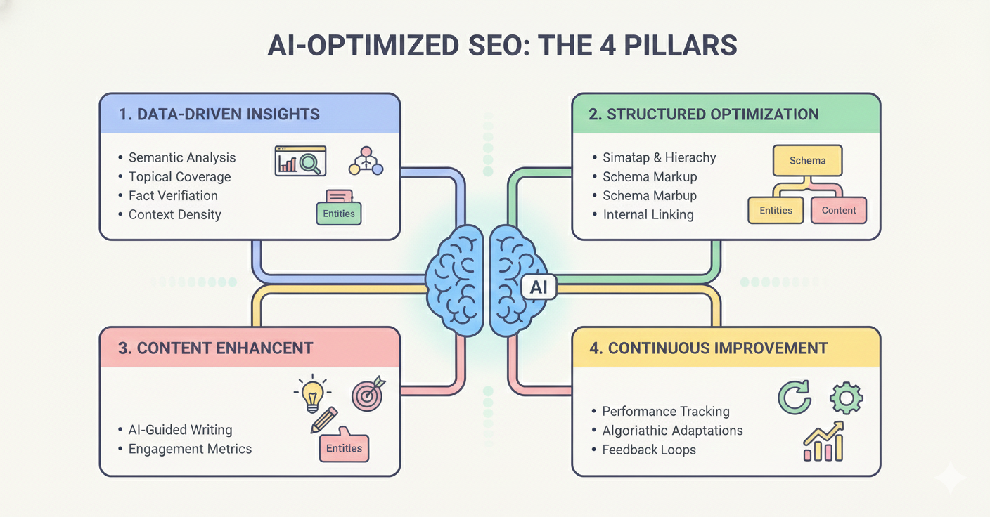 Flat vector infographic showing 4 pillars of AI-Optimized SEO: Data-Driven Insights, Structured Optimization, Content Enhancement, Continuous Improvement