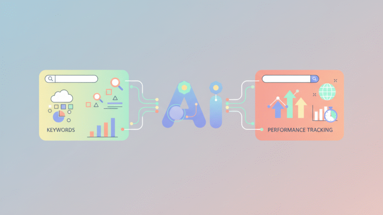 Illustration of AI integrating with SEO elements like keywords and analytics