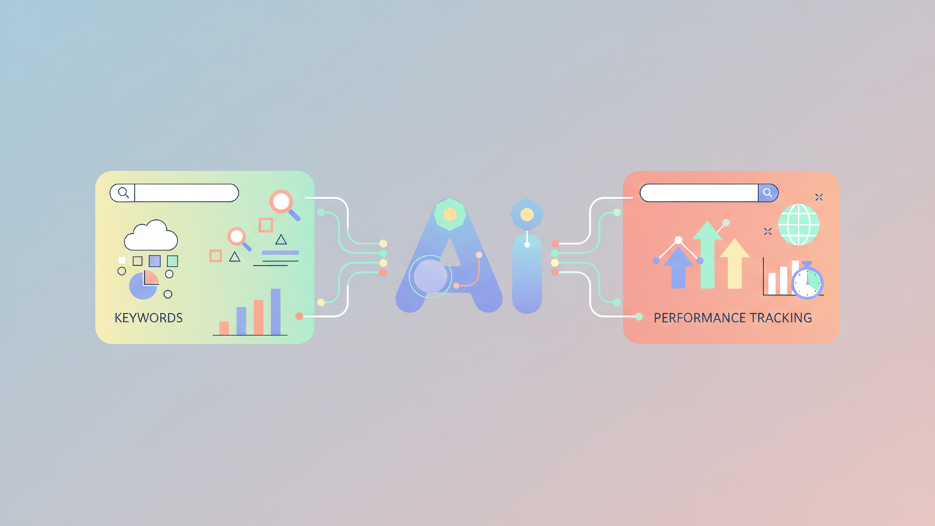 Illustration of AI integrating with SEO elements like keywords and analytics