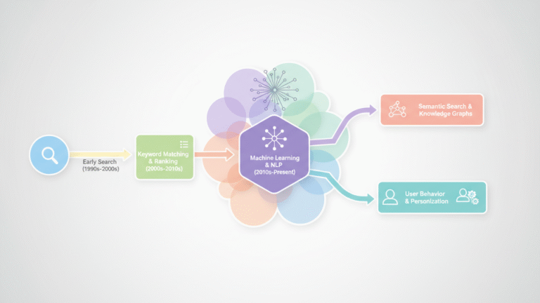 Illustration showing the development of AI technology in web search engines over time