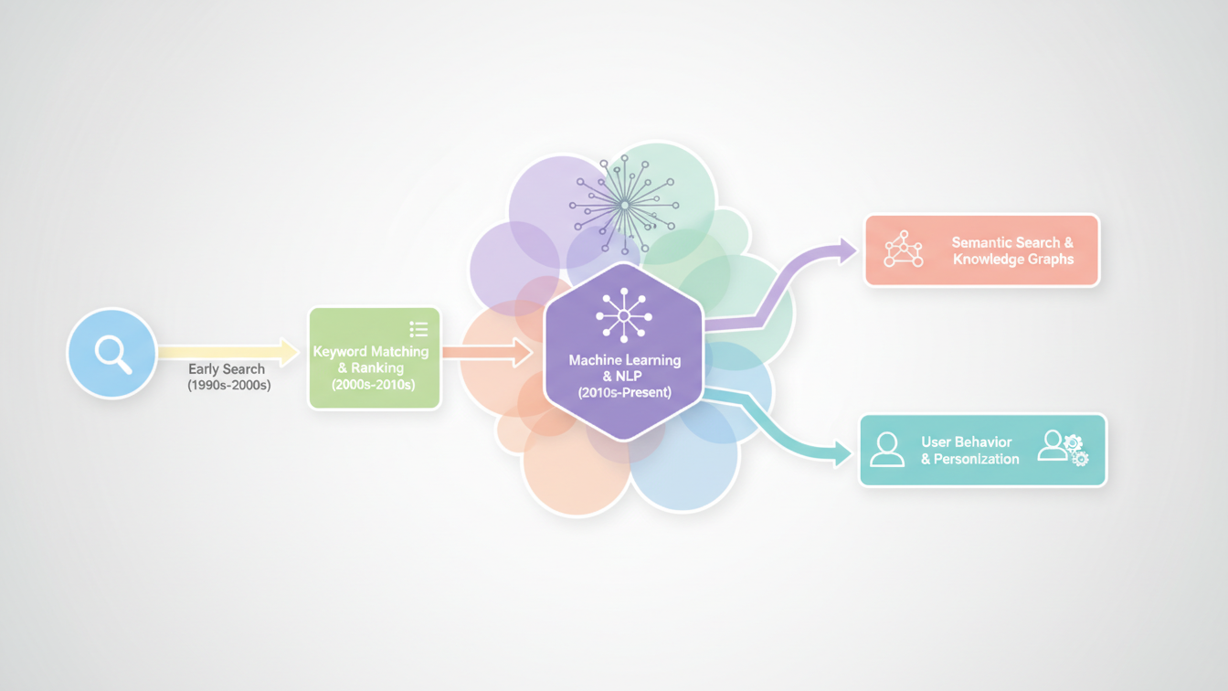 Illustration showing the development of AI technology in web search engines over time