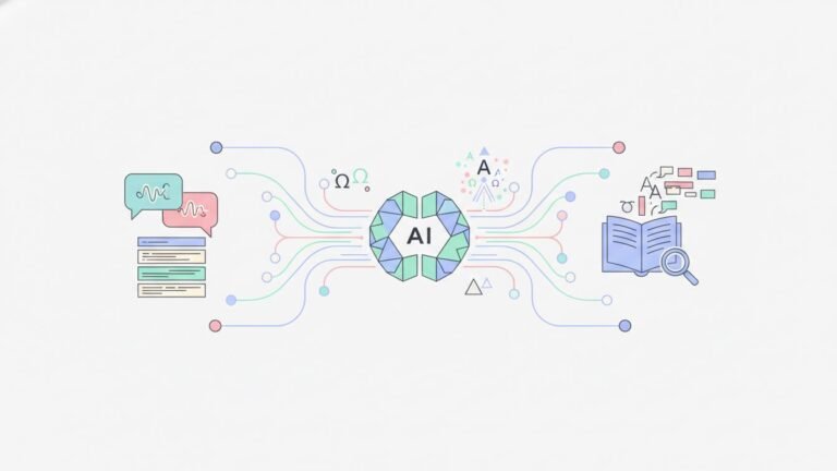 Illustration depicting Natural Language Processing concepts with AI and language symbols