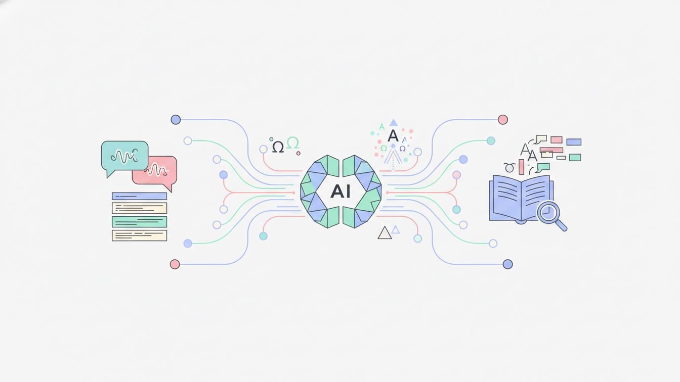 Illustration depicting Natural Language Processing concepts with AI and language symbols