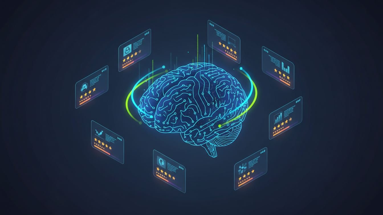 Illustration of AI analyzing and ranking digital content