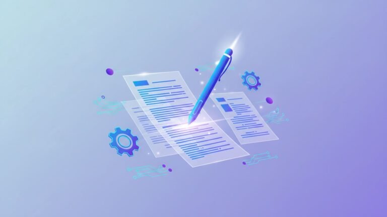 Illustration of AI writing assistant with digital text and automation icons