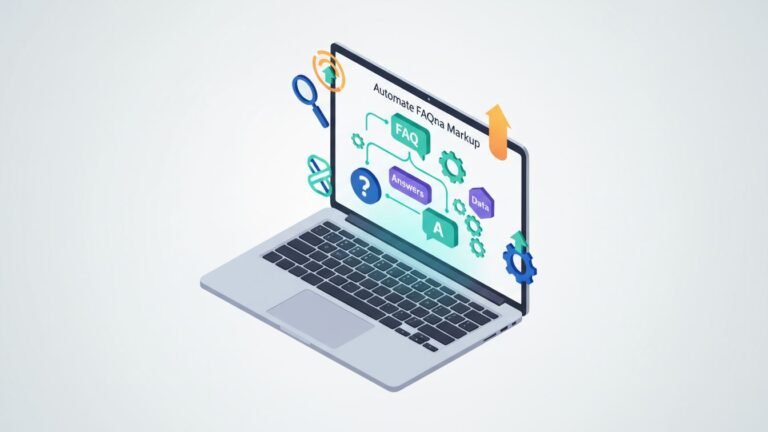 Illustration of FAQ schema automation process on a laptop screen
