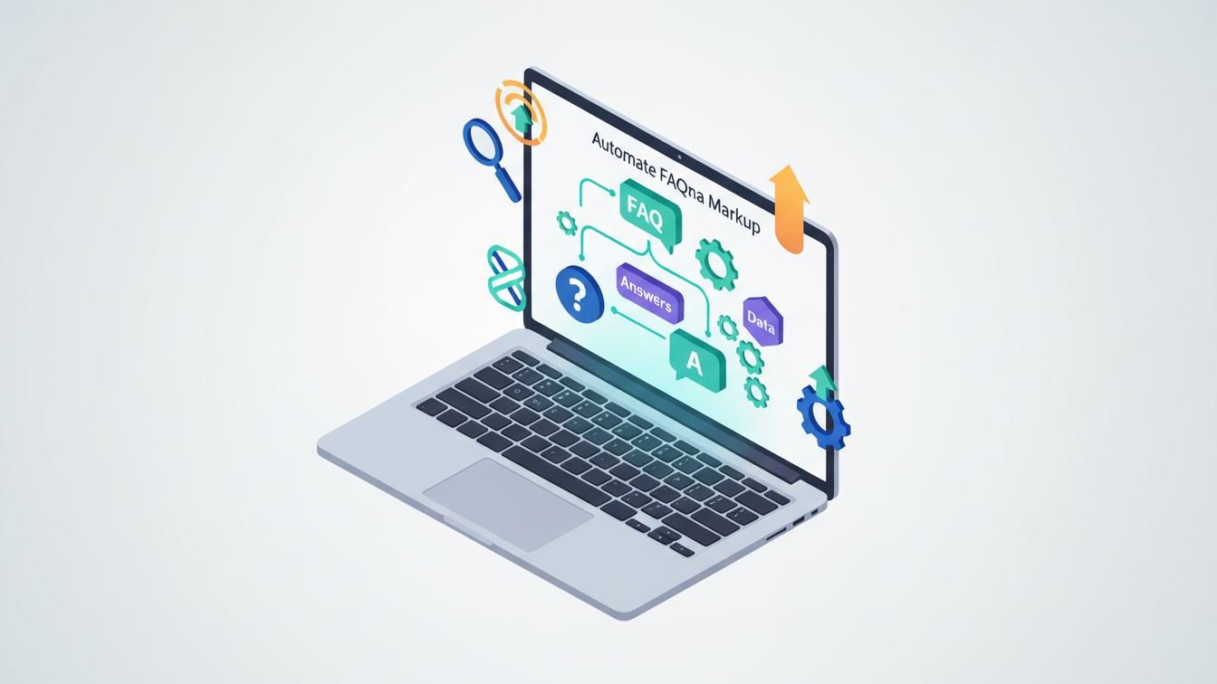 Illustration of FAQ schema automation process on a laptop screen