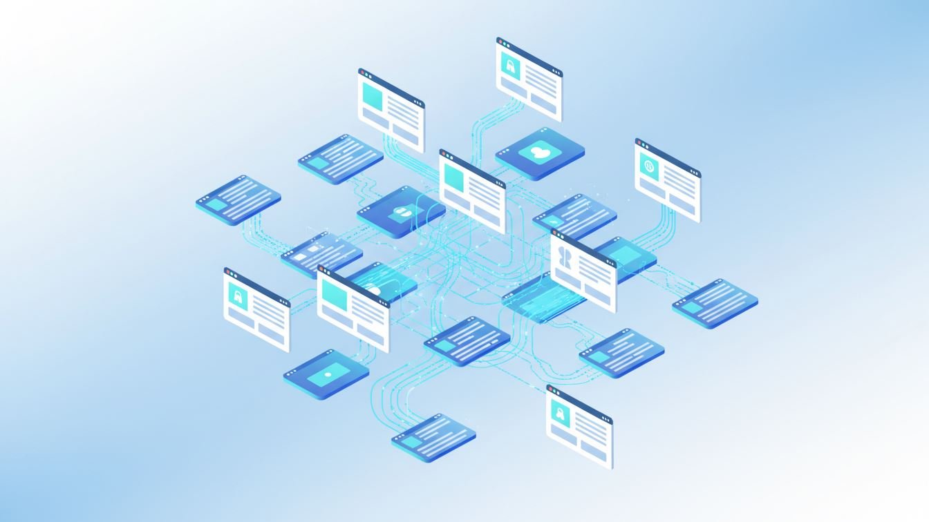 Illustration of automated internal linking process with interconnected web pages