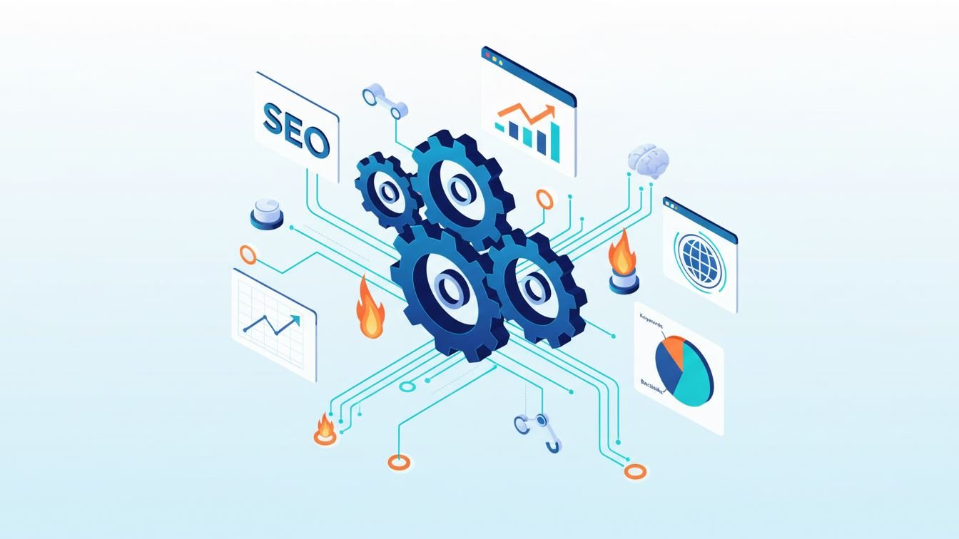 Illustration of automated SEO workflow process with gears and charts