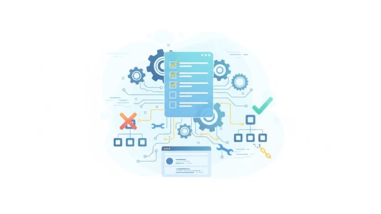 Illustration of technical SEO audit with gears and checklist