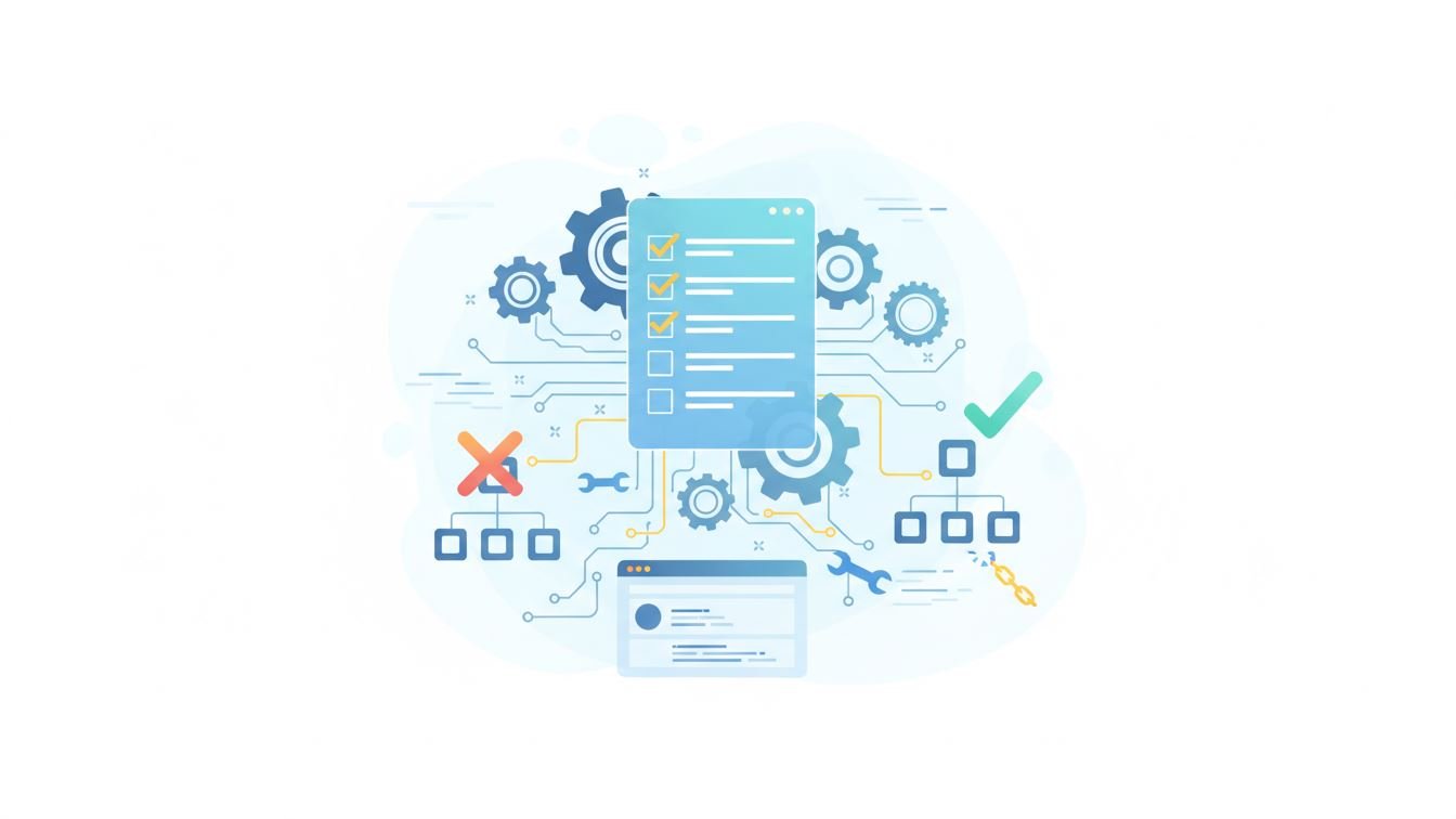 Illustration of technical SEO audit with gears and checklist