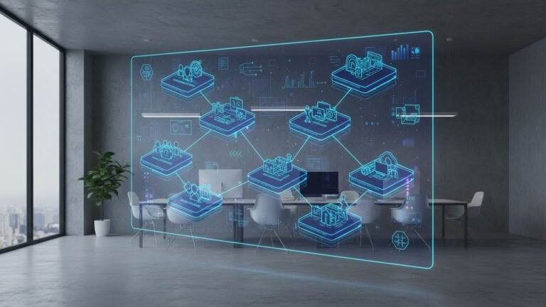 Illustration of interconnected AI topic clusters on digital screen