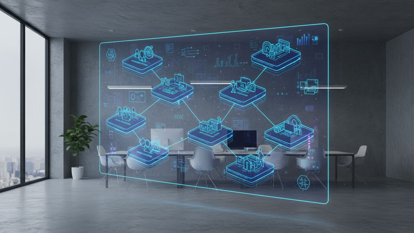 Illustration of interconnected AI topic clusters on digital screen