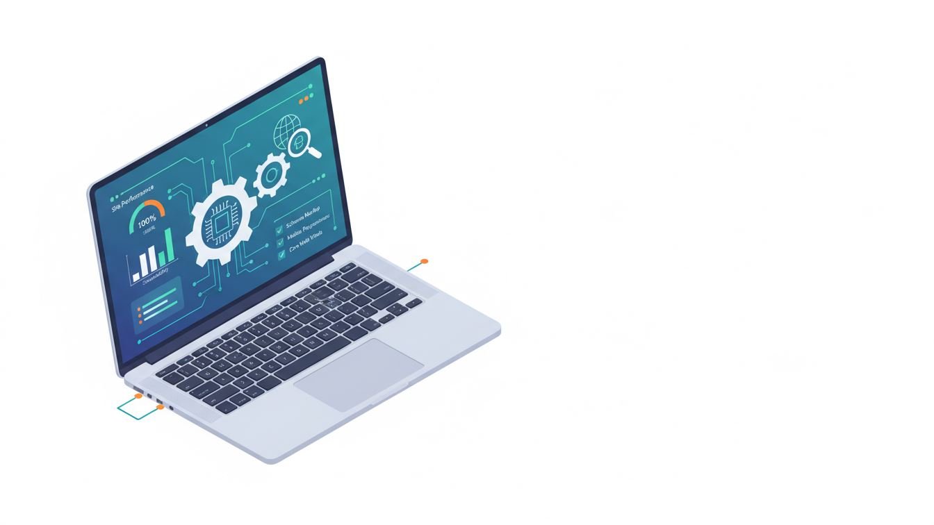 Illustration of SEO technical settings and audits on a laptop screen