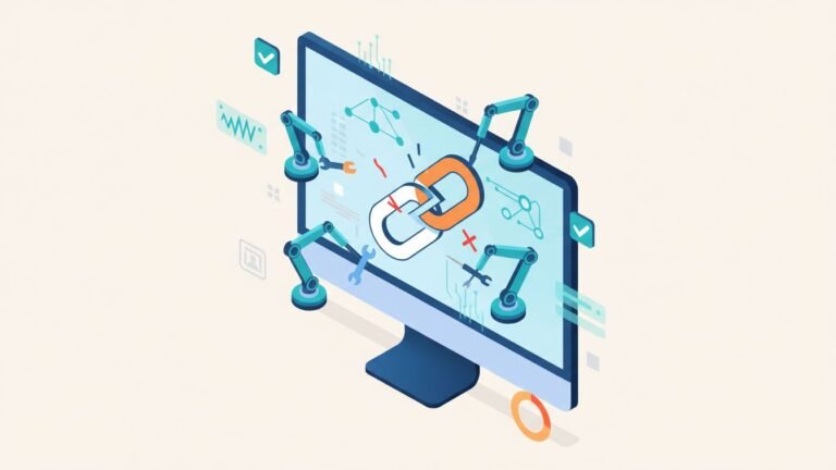 Illustration of a broken hyperlink being repaired on a computer screen