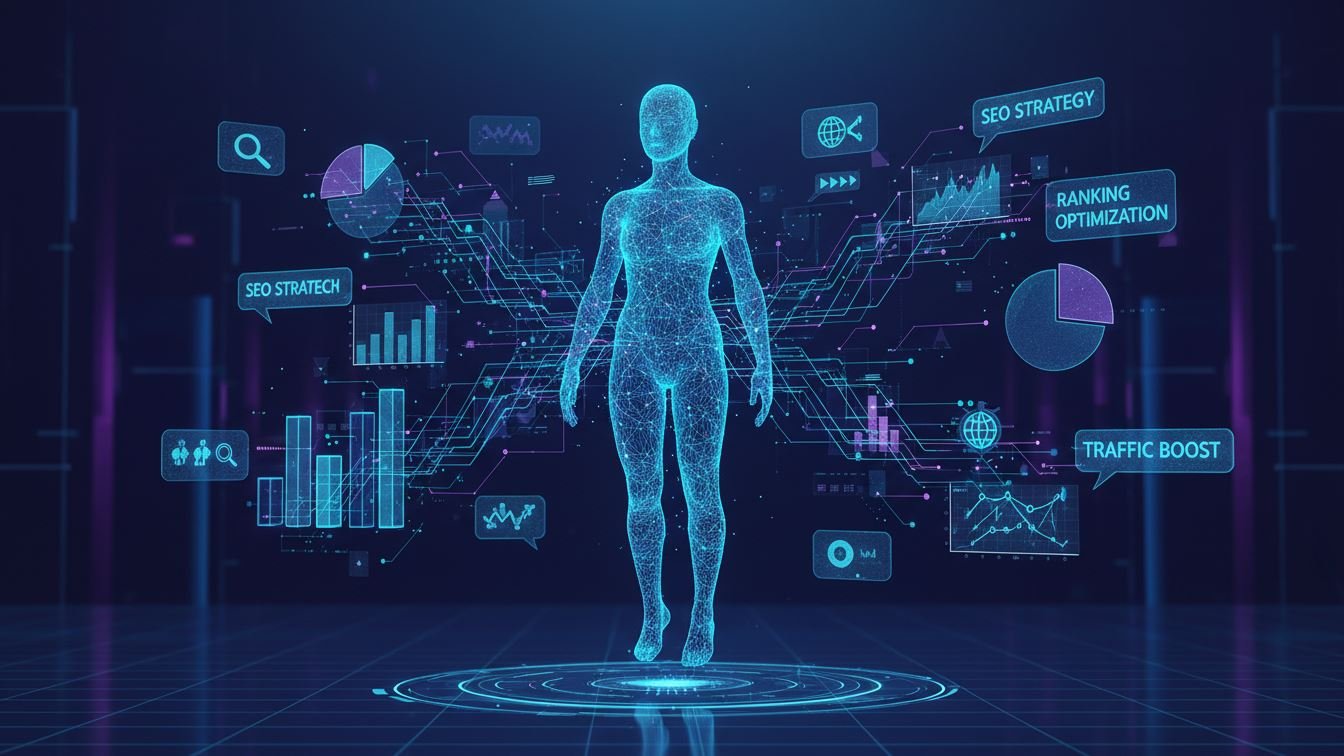 Graphic illustrating AI technology optimizing SEO strategies for future trends