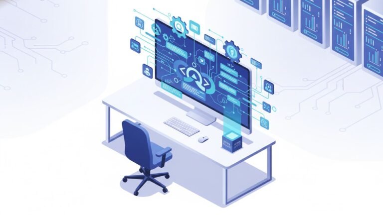 Illustration of schema markup and automation tools on computer screen