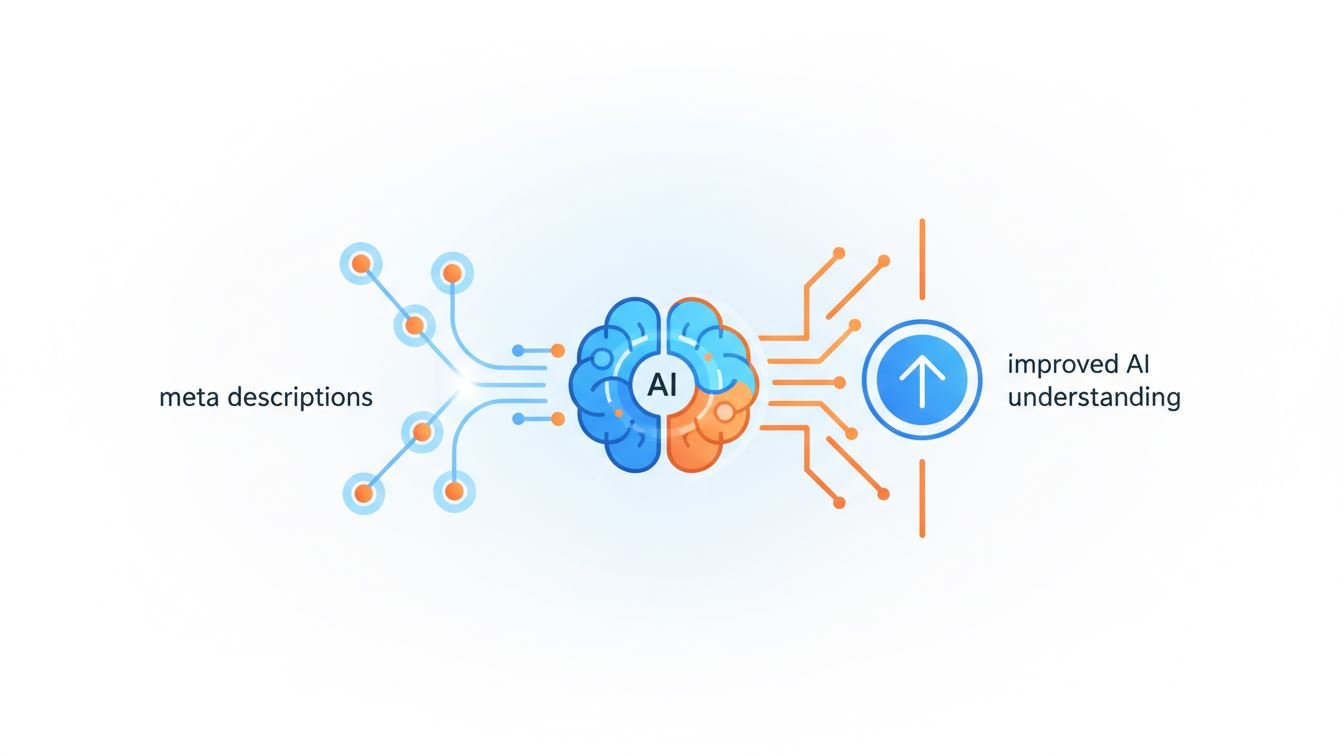Illustration of meta descriptions improving AI understanding on a digital interface